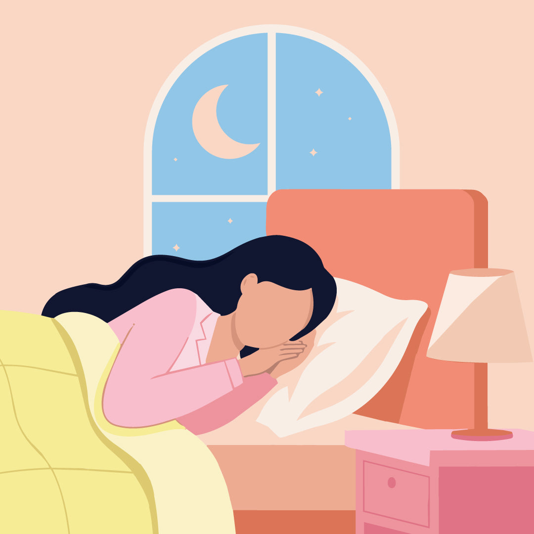 Woman sleeping peacefully during her period with overnight menstrual protection